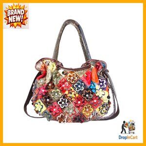 Genuine Leather Shoulder Bag Floral Patchwork Vintage Y2K Chic Crossbody